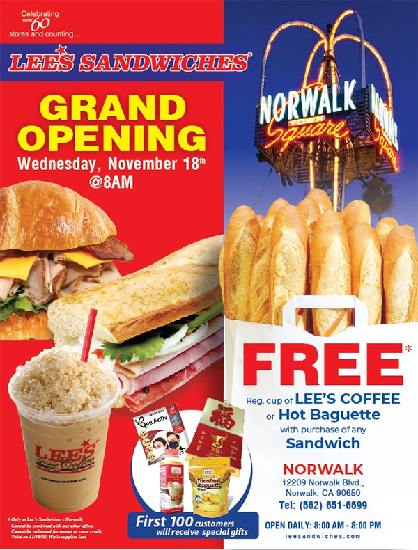Lee’s Sandwiches Norwalk Grand Opening 8am 11/18/2020 with special gifts & promotion!!!