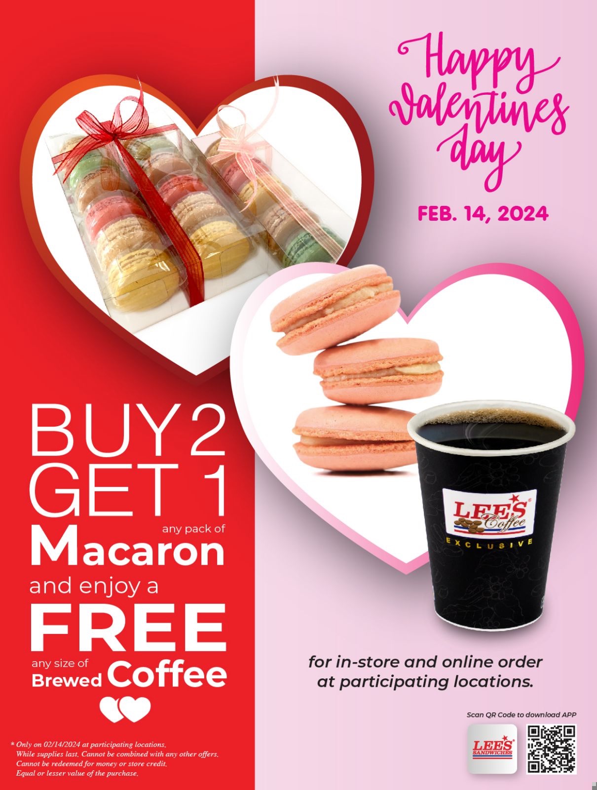 Enjoy your Valentine with our B2G1 any pack of Macaron & a Free Brewed Coffee at participating locations