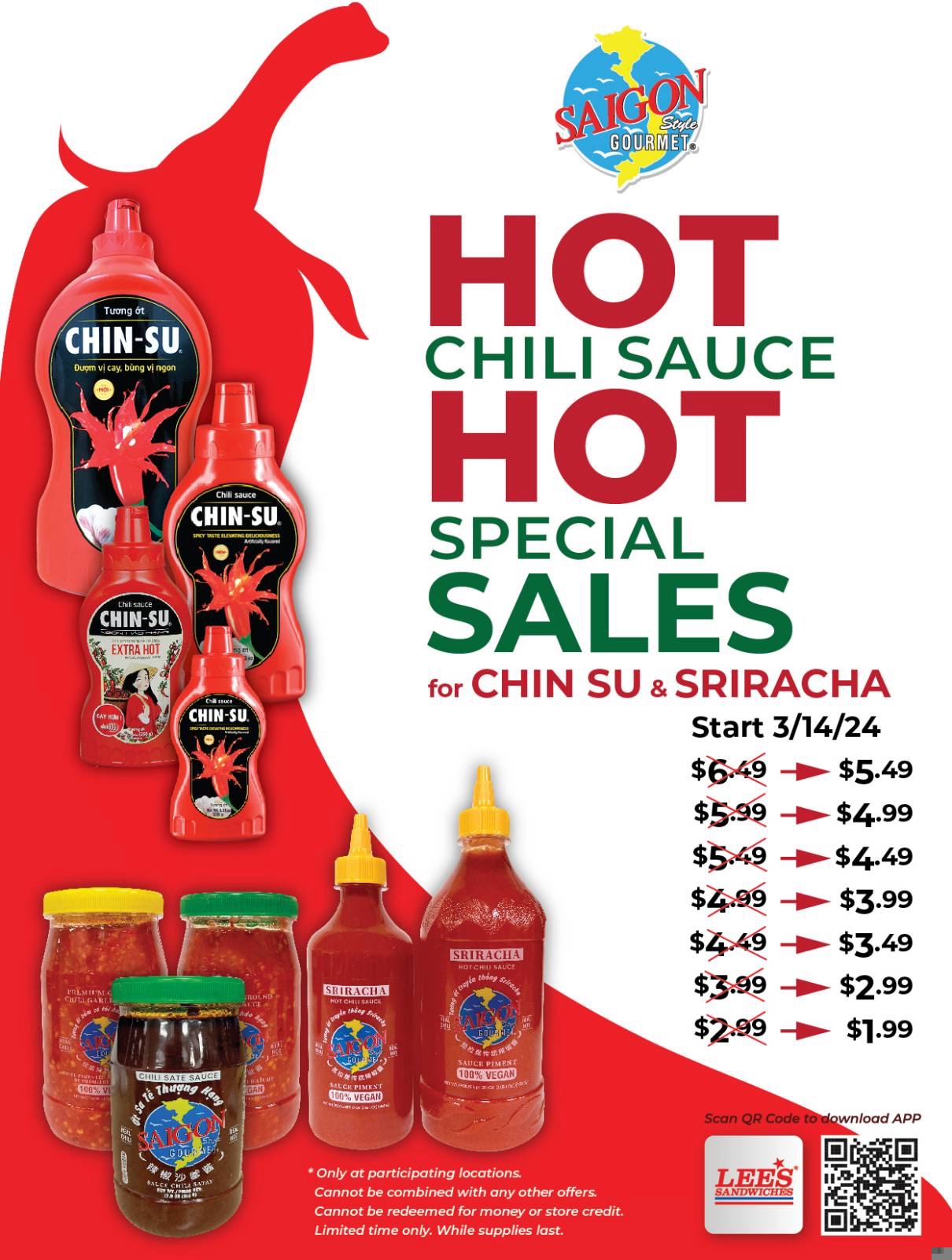 Hot Chili Sauce Hot Special Sales selected Chinsu & Siracha from 3/14/24 at participating locations.