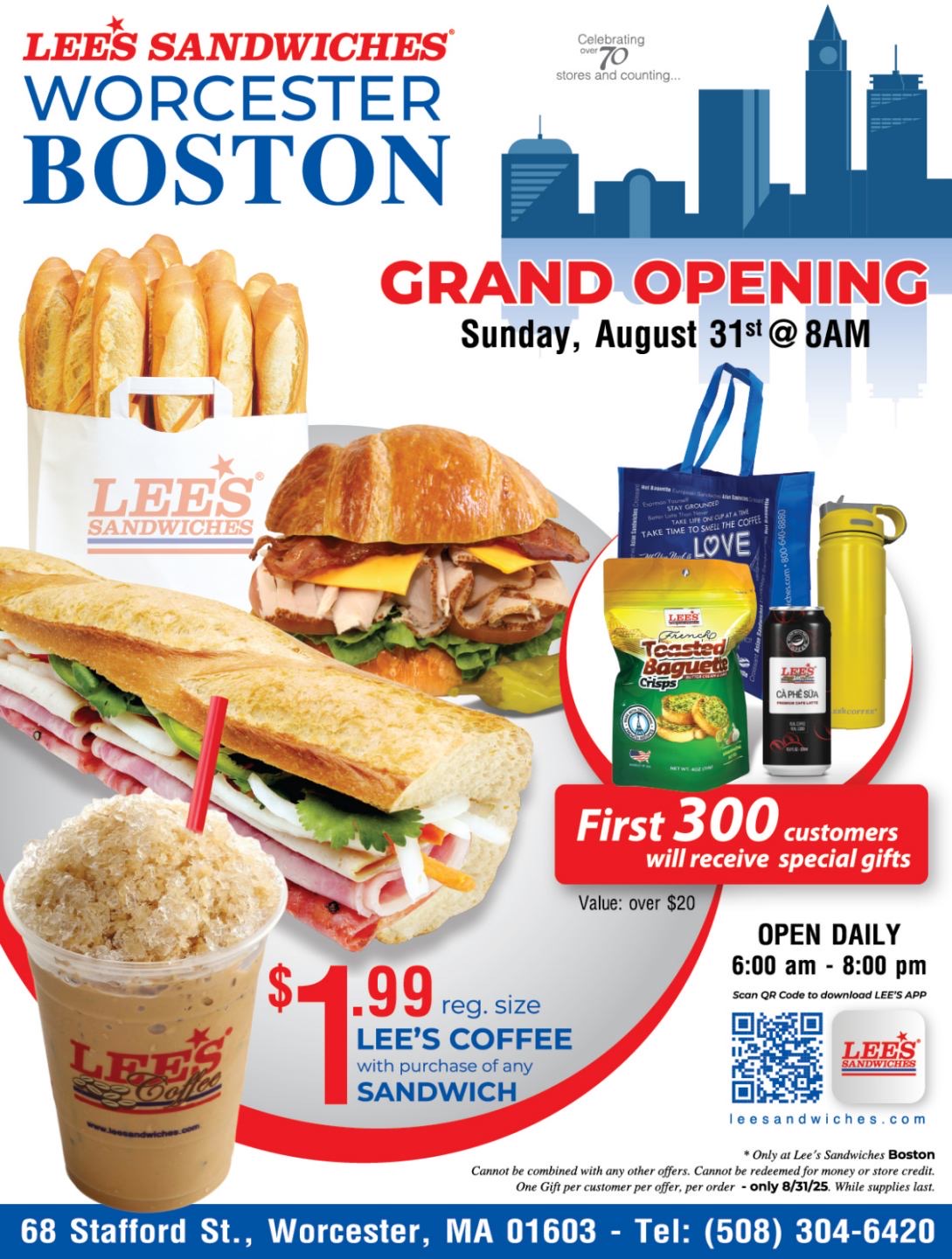 Please join us to celebrate the Grand Opening of Lee’s Sandwiches Worcester. Expect exclusive deals, FREE gifts and more. First come, first serve. Only on Sunday 08/31/25 at 68 Stafford St., Worcester, MA 01603.